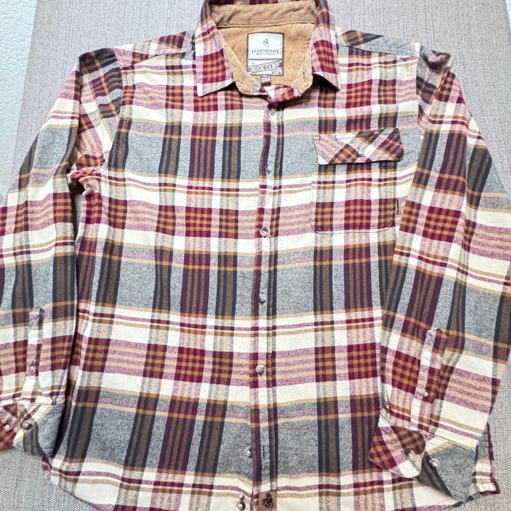 Legendary Whitetails Buck Camp Flannel Shirt Mens XL Plaid Cotton Burgundy Tan
